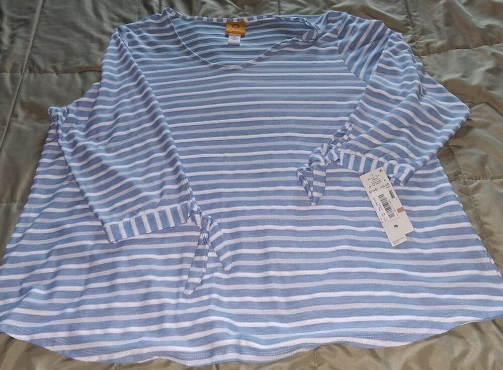 Ruby Rd Womens Plus Size 2X Stripe Knit Top V-Neck 3/4 Tie Sleeve Blouse NWT
